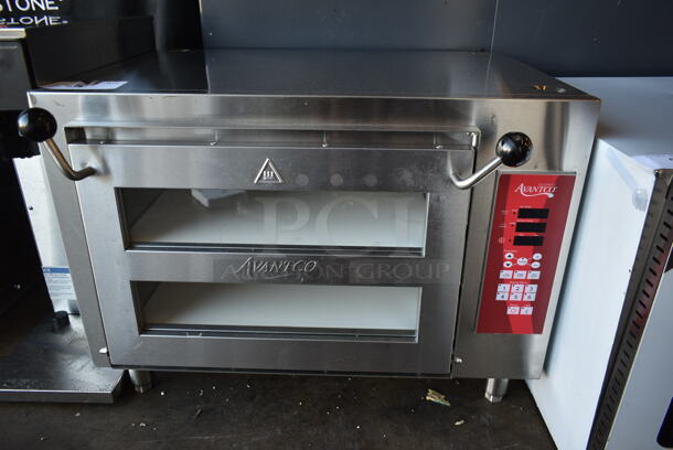BRAND NEW SCRATCH AND DENT! Avantco 177DDPO18DSM Stainless Steel Commercial Countertop Electric Powered Pizza Oven w/ Cooking Stones. 240 Volts, 1 Phase.  - Image 2 of 4