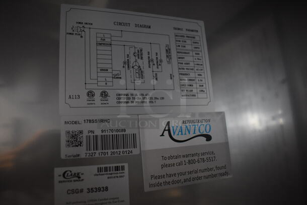 LIKE NEW! Avantco 178SS1RHC Stainless Steel Commercial Single Door Reach In Cooler w/ Poly Coated Racks on Commercial Casters. 115 Volts, 1 Phase. 29x33x82.5. Tested and Powers On But Does Not Get Cold - Image 5 of 5