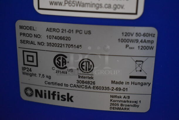 BRAND NEW IN BOX! Nilfisk AERO 21-01 PC US PC Poly Blue and Black Shop Vac Vacuum Cleaner on Casters. 120 Volts, 1 Phase. 14x14x20. Tested and Working! - Image 6 of 6