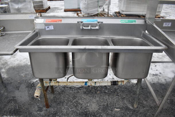 Stainless Steel Commercial 3 Bay Sink w/ Faucet and Handles. 57x27x41. Bays 16x19x13
