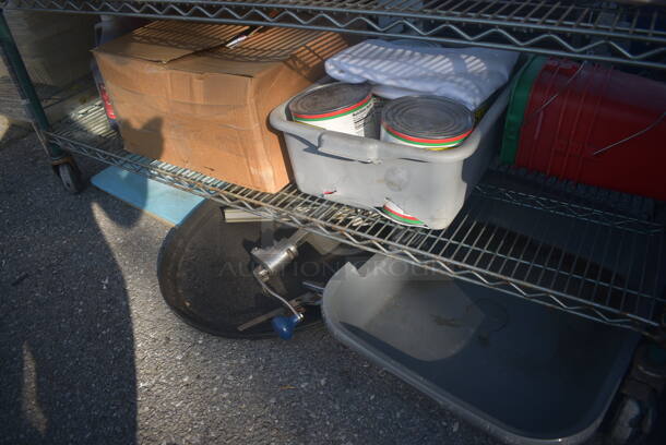 ALL ONE MONEY! Lot of Items Including Open Utility Shelf With Metro Style Shelving On Commercial Casters, Dish Caddies, Glasses, Cooking Wine, Cutting Boards, Receipt Paper, Red Buckets With Steel Handles, AND MORE! BUYER MUST DISMANTLE. PCI CANNOT DISMANTLE FOR SHIPPING. PLEASE CONSIDER FREIGHT CHARGES. - Image 11 of 11