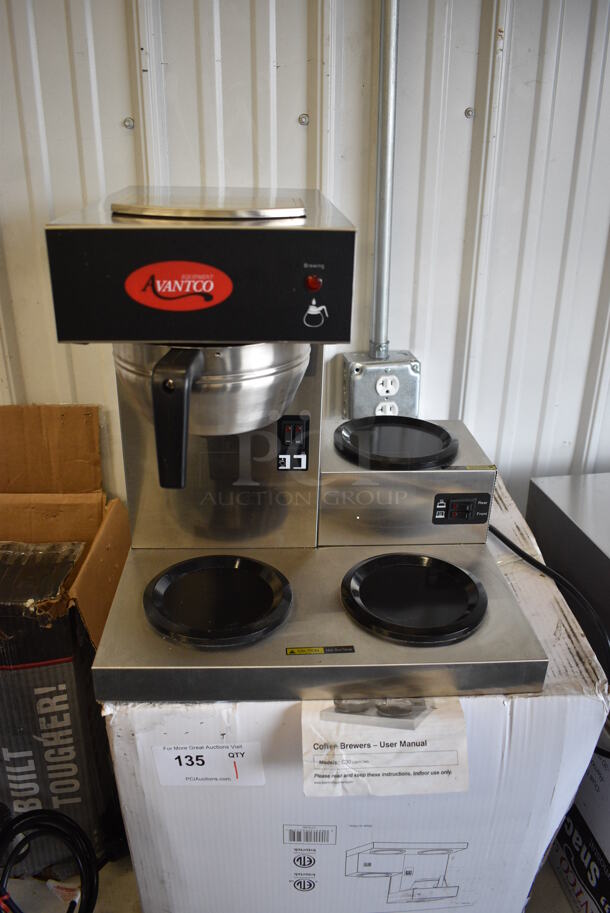 IN ORIGINAL BOX! Avantco C30 Stainless Steel Commercial Countertop 3 Burner Coffee Maker w/ Poly Brew Basket. Used a Few Times at Trade Show. 120 Volts, 1 Phase. 16.5x14.5x16.5. Tested and Working!