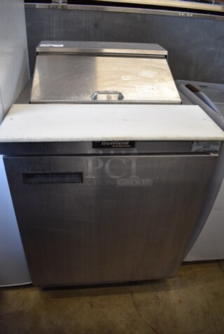 Delfield Stainless Steel Commercial Sandwich Salad Prep Table on Commercial Casters. 115 Volts, 1 Phase. 27x33.5x42. Tested and Working!