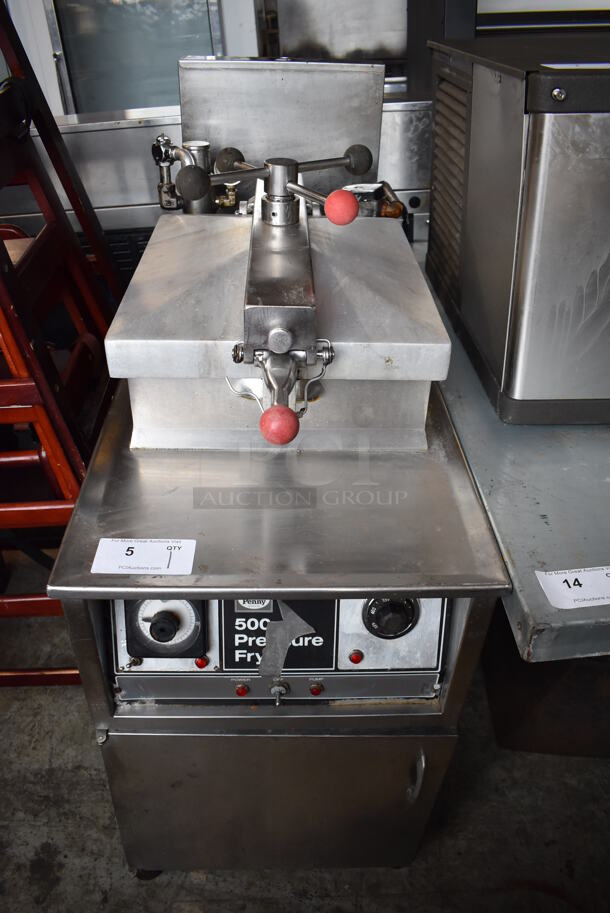Henny Penny 500 Stainless Steel Commercial Electric Powered Floor Style Pressure Fryer on Commercial Casters. 208 Volts, 1 Phase. 18x38x46