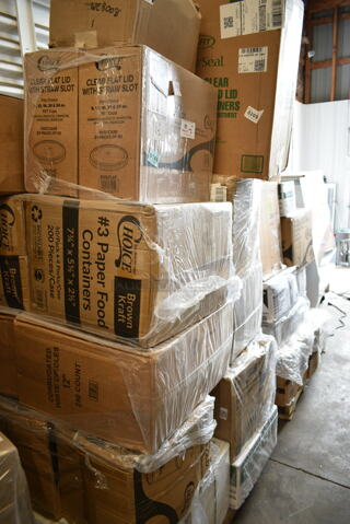 PALLET LOT of 30 BRAND NEW Boxes Including 2 Box 500LFLAT Choice Clear Plastic Flat Lid with Straw Slot - 32 oz. - 500/Case, 2 Box 795PTOKFT3 Choice Kraft Microwavable Folded Paper #3 Take-Out Container 7 3/4" x 5 1/2" x 2 1/2" - 200/Case, Clear Hinged Lid Containers, 2 Choice Black 1.5 oz Portion Cups, 500CC10 Choice 10 oz. Clear PET Plastic Cold Cup - 1000/Case, 2 Box Corrugated White Circles 12", Dinex DX3353IL03 DuraTherm Onyx Insulated 9 oz. Soup Bowl Lid - 48/Case, 2 Box 128HD8COMBO  ChoiceHD 8 oz. Microwavable Translucent Plastic Deli Container and Lid Combo Pack - 240/Case, 2 Box 394365M Medium Noble Gloves, Lavex Black 3946101M Gloves, 2 Box 500CC12 Choice Clear PET Customizable Plastic Cold Cup - 12 oz. - 1000/Case. 30 Times Your Bid!