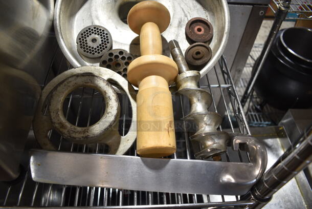 ALL ONE MONEY! Lot of Meat Grinder Attachment Pieces Including Tray, Pusher, Plates, Auger.  - Image 2 of 7
