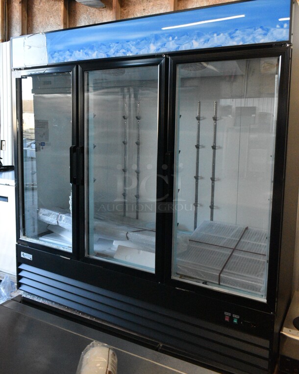 BRAND NEW SCRATCH AND DENT! 2024 Avantco 178GDC69HCB 78 1/4" Black Customizable Swing Glass Door Merchandiser Refrigerator with LED Lighting. See Pictures for Broken Glass. 115 Volts, 1 Phase. Tested and Working! - Image 1 of 8
