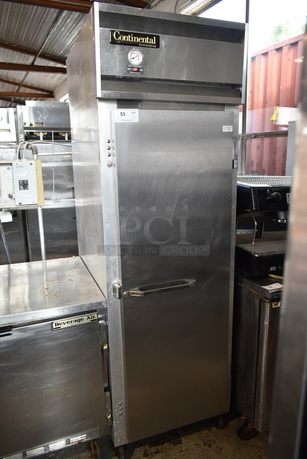 Continental 1R Stainless Steel Commercial Single Door Reach In Cooler w/ Racks on Commercial Casters. 115 Volts, 1 Phase. Tested and Working! - Image 1 of 7