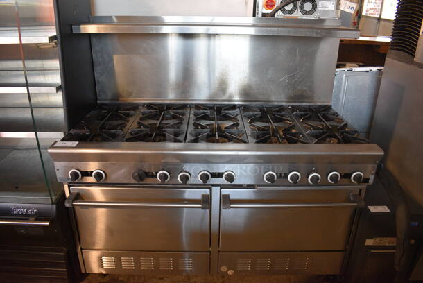 Garland SunFire Model PS-10-26RC-26RC Stainless Steel Commercial Natural Gas Powered 10 Burner Range w/ 2 Convection Ovens, Back Splash and Over Shelf. 60x32x60