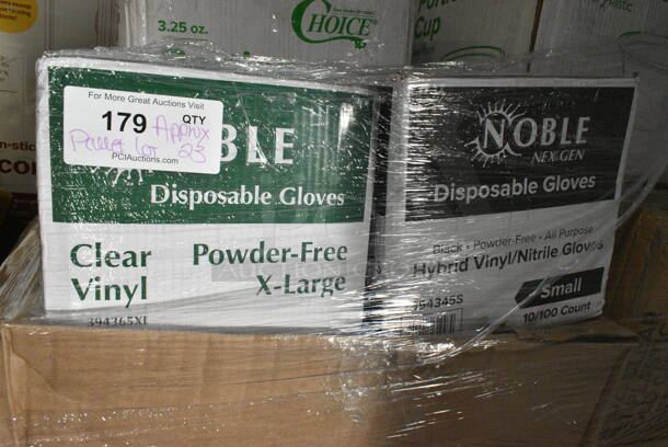 23 BRAND NEW Boxes Including 394345S Noble NexGen Powder-Free Disposable Black Hybrid 3 Mil Thick Gloves - Small - 1000/Case, 394365XL Noble Products Powder-Free Disposable Clear Vinyl Gloves for Foodservice - Extra Large - 1000/Case, 127P325C Choice 3.25 oz. Clear Plastic Souffle Cup / Portion Cup - 2500/Case, 500CC20 Choice 9" Round Standard Weight Foil Take-Out Pan with Dome Lid - 200/Case, 612LOB1LBCO Choice 1 lb. Oblong Foil Take-Out Container with Board Lid - 500/Case, 347RP9WHSS Visions Wave 9" White Plastic Plate - 180/Case, 612POB2LB Choice Oblong Clear Plastic Dome Lid for 2.25 lb. & 1.5 lb Shallow Foil Take-Out Container - 500/Case, 795PTOKFT8 Choice Kraft Microwavable Folded Paper #8 Take-Out Container 6" x 4 3/4" x 2 1/2" - 300/Case, 612FS1212 Choice Half Size Foil Steam Table Pan Shallow 1 1/2" Depth - 100/Case. 23 Times Your Bid!  - Image 2 of 12