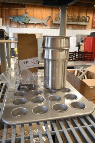 ALL ONE MONEY! Lot of BRAND NEW SCRATCH AND DENT! Items Including 2 Vollrath 78154 Stainless Steel 2.5 Qt. Vegetable Inset, Chicago Metallic 45245 24 Cup 2.1 oz. Glazed Aluminized Steel Mini Muffin Pan - 12 7/8" x 17 7/8", Bands.