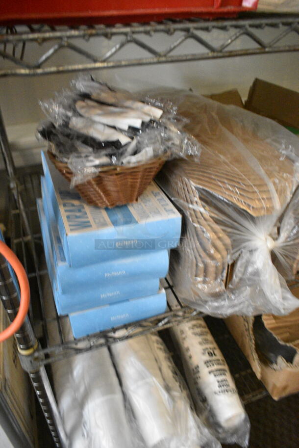 Chrome Finish 5 Tier Wire Shelving Unit w/ Contents Including Cups, Plasticware. BUYER MUST DISMANTLE. PCI CANNOT DISMANTLE FOR SHIPPING. PLEASE CONSIDER FREIGHT CHARGES. (secondary dining room) - Image 12 of 12