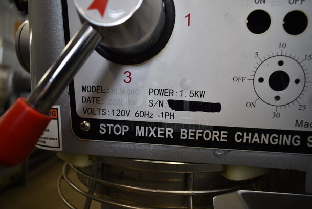 2020 HLM-30C Metal Commercial Floor Style 30 Quart Planetary Dough Mixer w/ Bowl Guard and Whisk Attachment. 120 Volts, 1 Phase. Cannot Test Due To Missing Power Button - Image 7 of 7