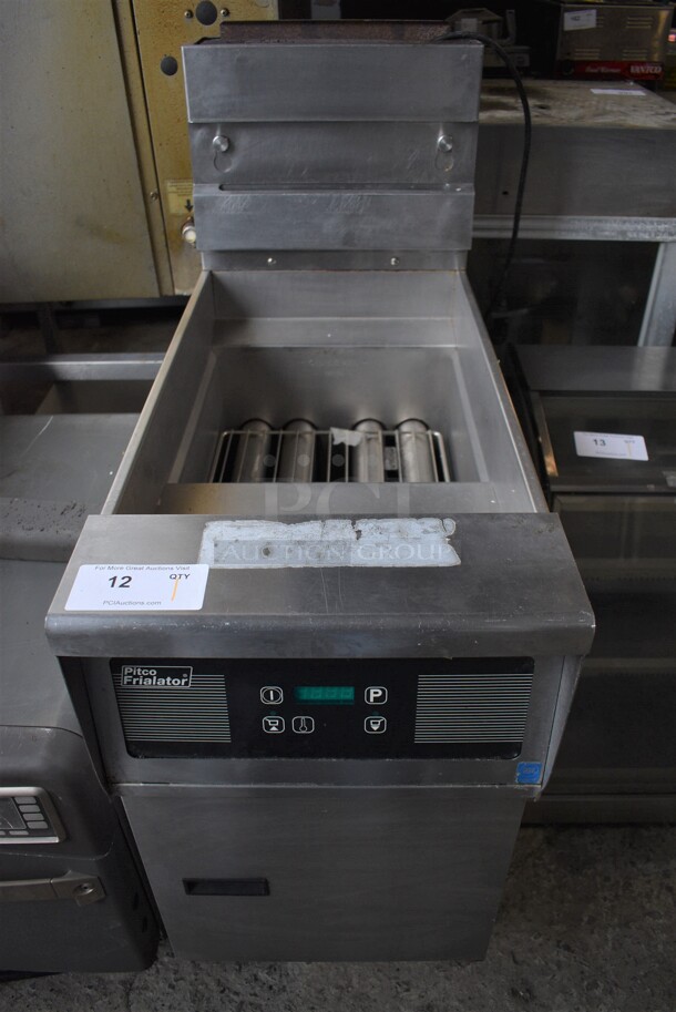 Pitco Frialator Model SG14R-JS Stainless Steel Commercial Floor Style Natural Gas Powered Deep Fat Fryer on Commercial Casters. 122,000 BTU. 16x34.5x46