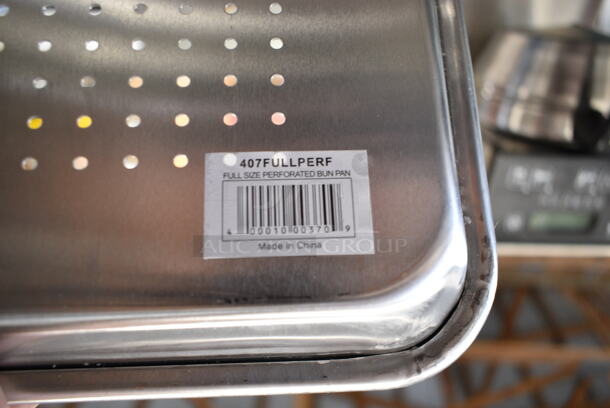 26 BRAND NEW SCRATCH AND DENT! Choice  407FULLPERF Full Size 19 Gauge 18" x 26" Wire in Rim Aluminum Perforated Bun / Sheet Pan. 26 Times your Bid!  - Image 5 of 5