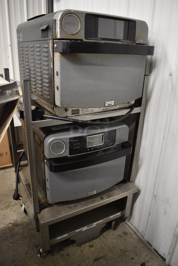 2 2013 Turbochef Encore 2 Metal Commercial Electric Powered Rapid Cook Ovens on Stainless Steel Double Stack Equipment Stand w/ Commercial Casters. 208/240 Volts, 1 Phase. 30x30x60. 2 Times Your Bid! Tested and Working! - Image 2 of 9