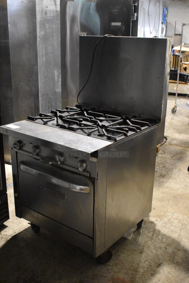Southbend Stainless Steel Commercial Natural Gas Powered 4 Burner Range w/ Convection Oven and Back Splash on Commercial Casters. - Image 3 of 5