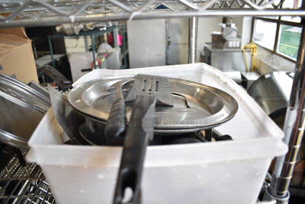 ALL ONE MONEY! Lot of 4 Tiers of Various Items Including Stainless Steel Drop In Bins, Pizza Screens, Stainless Steel Lids. Does Not Include Shelving Unit.  - Image 9 of 12