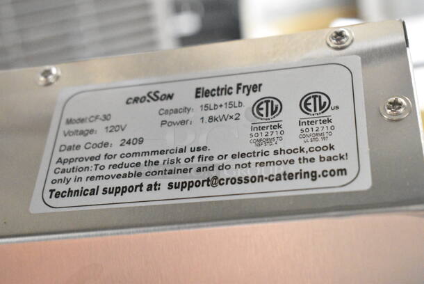 2024 Crosson CF-30 Stainless Steel Commercial Countertop Electric Powered 2 Bay Fryer w/ 2 Metal Fry Baskets. 120 Volts, 1 Phase.
 - Image 8 of 8