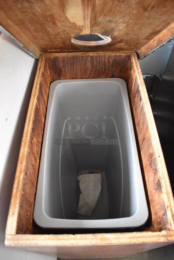 Wood Pattern Trash Can Shell w/ Gray Poly Slim Jim Trash Can on Commercial Casters. 14.5x24x38.5 - Image 3 of 3