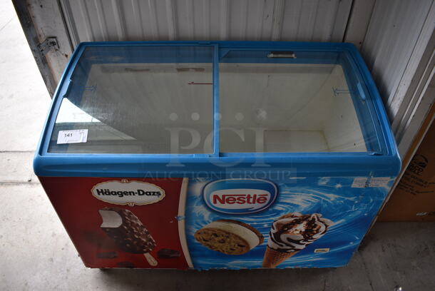 AHT Model RIO S 125 Metal Commercial Novelty Ice Cream Freezer Merchandiser on Commercial Casters. 120 Volts, 1 Phase. 49x26x36. Tested and Working!