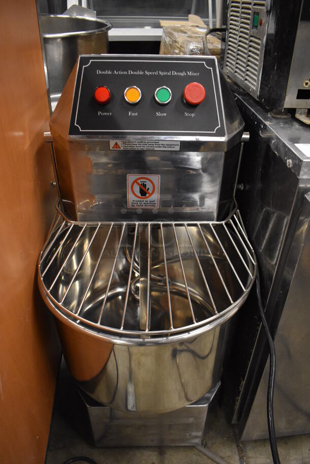 LIKE NEW! Stainless Steel Commercial Floor Style Spiral Mixer w/ Stainless Steel Mixing Bowl, Bowl Guard and Dough Hook Attachment. 125 Volts, 1 Phase. 17x30x37. Tested and Working! - Image 2 of 8