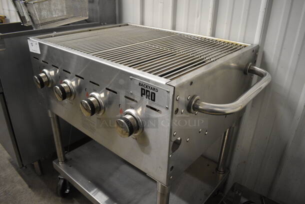 LIKE NEW! Backyard Pro Model GC402 Stainless Steel Floor Style Propane Gas Powered Outdoor Charbroiler Grill on Commercial Casters. 40x25x35 - Image 6 of 6