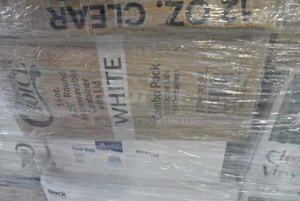 36 BRAND NEW Boxes Including 5008DWALLC Choice 8 oz. Tall Coffee Break Print Smooth Double Wall Paper Hot Cup - 500/Case, 346WSNSM Choice Medium Weight White Wrapped Plastic Spork, Straw, and Napkin Kit - 1000/Case, 500MF963B16 Choice 9" x 6" 1-Compartment Microwaveable Black Mineral-Filled Plastic Hinged Take-Out Container, 130BKFKNSPH Choice Black Heavy Weight Wrapped Plastic Fork and Knife Cutlery Pack with Napkin and Salt and Pepper Packets - 250/Case, 500CC12 Choice Clear PET Customizable Plastic Cold Cup - 12 oz. - 1000/Case, 500TW7 Choice 7 oz. Translucent Thin Wall Plastic Cold Cup - 2500/Case, 130SCB048FL Visions Clear PET Plastic Flat Lid for 24, 32, and 48 oz. Square Bowls - 300/Case, 127RD8BULK Choice 8 oz. Customizable Microwavable Translucent Round Deli Container - 500/Case, 795PTOWHT4 Choice White Microwavable Folded Paper #4 Take-Out Container 7 3/4" x 5 1/2" x 3 1/2" - 160/Case. 36 Times Your Bid!  - Image 6 of 12