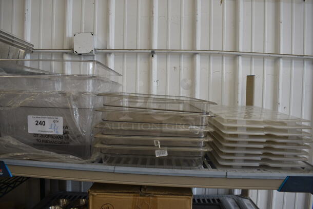 ALL ONE MONEY! BRAND NEW Lot of 8 Various Clear Full Size Drop In Bins and 16 Straining Inserts. 1/1x6, 1/1x2.5