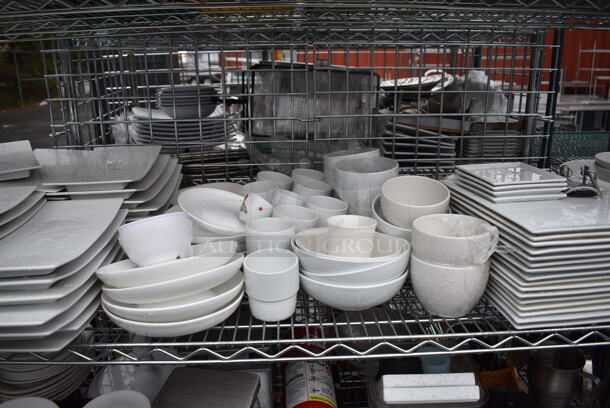 ALL ONE MONEY! Lot of 5 Tiers of Various Smallwares Including White Ceramic Plates, Dish Caddy, Scales, Cake Stands. Does Not Include Shelving Unit - Image 4 of 8