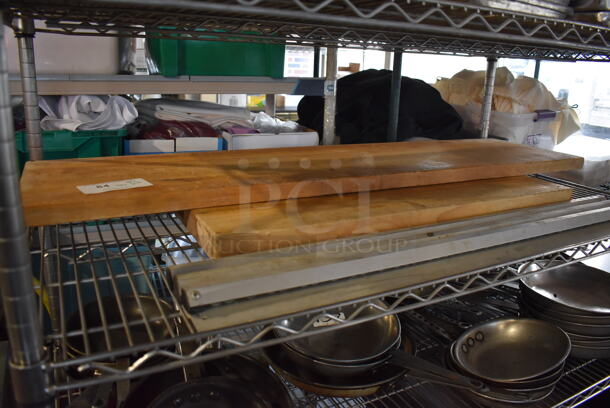 ALL ONE MONEY! Tier Lot of 2 Wooden Butcher Block Cutting Boards and 3 Metal Order Holder Rods
