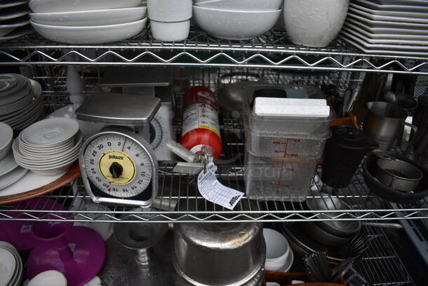 ALL ONE MONEY! Lot of 5 Tiers of Various Smallwares Including White Ceramic Plates, Dish Caddy, Scales, Cake Stands. Does Not Include Shelving Unit - Image 5 of 8