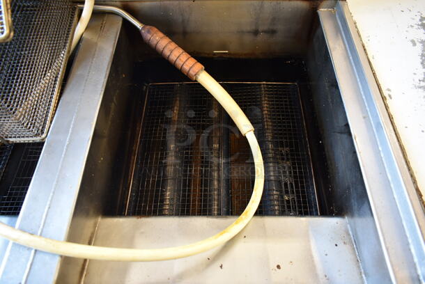 2015 Henny Penny OFG-342 Stainless Steel Commercial Floor Style Natural Gas Powered 2 Bay Deep Fat Fryer w/ Filtration System on Commercial Casters. 240,000 BTU.  - Image 5 of 11