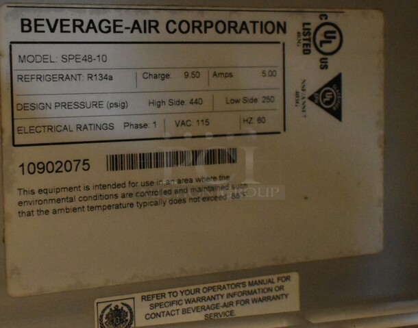Beverage Air SPE48-10 Stainless Steel Commercial Sandwich Salad Prep Table Bain Marie Mega Top on Commercial Casters. 115 Volts, 1 Phase. Tested and Powers On But Does Not Get Cold - Image 6 of 6