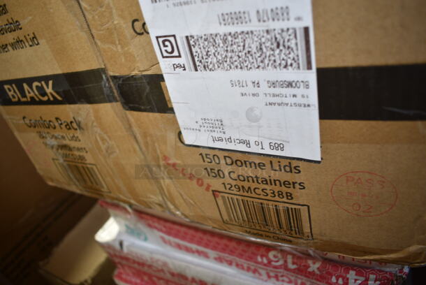 PALLET LOT of 35 BRAND NEW Boxes Including 6 Box 612W65 Choice Insulated Foil Sandwich Wrap Sheets 14" x 16" - 1000/Case, 2 Box 129MCS38B Choice 38 oz. Black Rectangular Microwavable Heavy Weight Container with Lid 8 3/4" x 6 1/4" x 2" - 150/Case, 2 Box 612CAKE8SQ Baker's Lane 8" Square Foil Cake Pan - 500/Case, 2 Box 407WRCB1812 Choice 18" x 12" x 1 3/4" Wood Cutting Board with Rounded Edges, 2 Box EcoStrong Plus PCRL3339XHK 33 Gallon 1 Mil 33" x 39" Linear Low Density Medium-Duty Black Can Liner / Trash Bag - 150/Case, 4 Box 130WFORKWP Choice Individually Wrapped Medium Weight White Plastic Fork - 1000/Case, 130HBKCUTFW Visions Individually Wrapped Black Heavy Weight Plastic Fork - 1000/Case, 548252113 Amefa 252000B000113 Royal 8 13/16" High Carbon Stainless Steel Serrated Edge Steak Knife with Pakkawood Handle - 6/Case, 5013858HVY Lavex Hercules 55 Gallon Black Can Liner, Dart SafeSeal 8 oz. Plastic Tamper-Resistant, Tamper-Evident Bowl with Dome Lid - 240/Case, 124BA1040S American Metalcraft BA1040S 10 1/4" Round Stainless Steel Basting Cover, 831741 Cinnamon Buns Clam Containers, 795PTOWHT4 Choice White Microwavable Folded Paper #4 Take-Out Container 7 3/4" x 5 1/2" x 3 1/2" - 160/Case, 130BKFSNSPH Visions Heavy Weight Black Wrapped Plastic Cutlery Pack with Napkin and Salt and Pepper Packets - 500/Case. 35 Times Your Bid! - Image 3 of 12