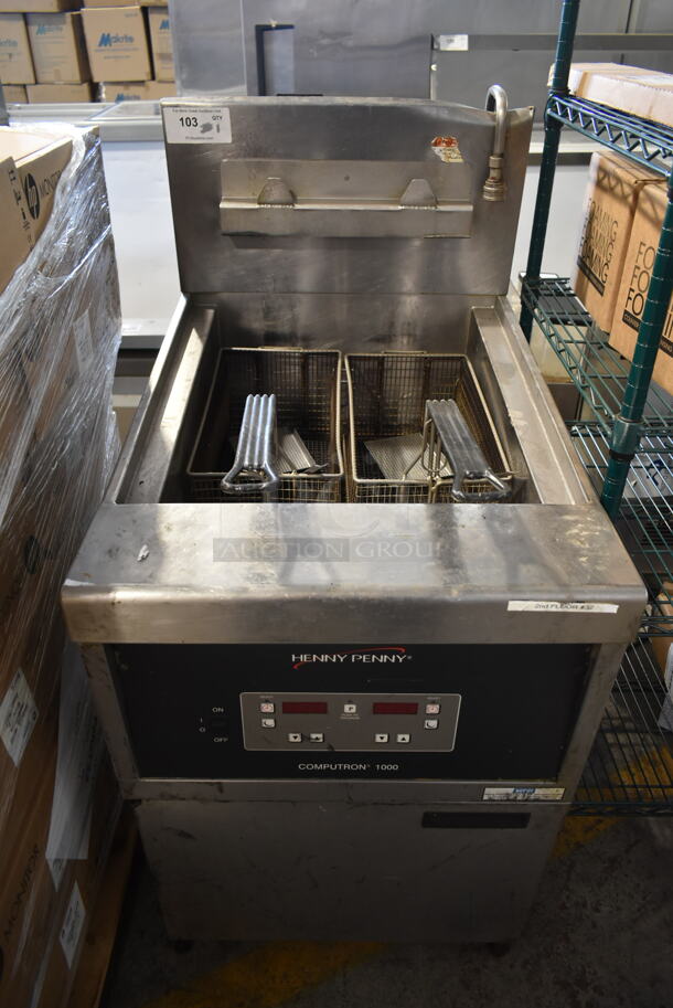 Henny Penny OFG-341 Stainless Steel Commercial Floor Style Natural Gas Powered Deep Fat Fryer w/ 2 Metal Fry Baskets. 80,000 BTU.  - Image 1 of 7
