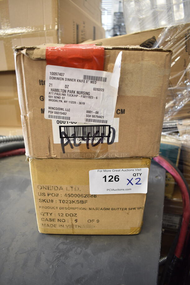 2 Boxes; One 12 Dozen BRAND NEW! Winco 0001-08 8" Dinner Knife with 18/0 Stainless Grade and One Box of 12 Dozen Oneida T023KSBF Mascagni Stainless Steel Extra Heavy Weight Butter Spreader. 2 Times Your Bid! - Image 2 of 4