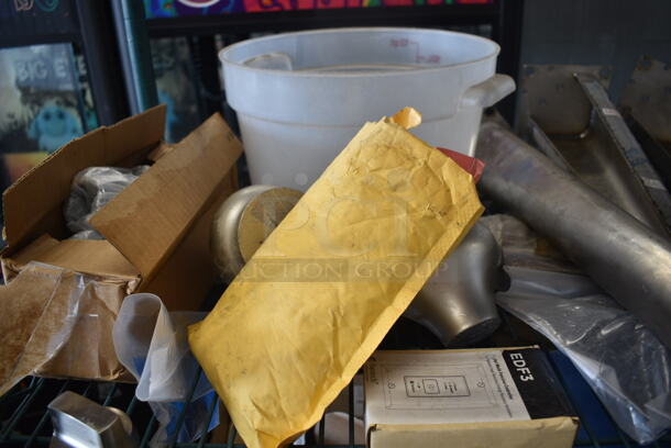 ALL ONE MONEY! Three Tier Lot of Various Items Including Blue Poly Bins, Seat Cushion, Metal Convection Oven Legs, Sink Pieces, Glass Dome Lid, 600IB2124LID Regency Stainless Steel Sliding Lid for 21" x 24" Underbar Ice Bin, Acopa Platters.  - Image 7 of 12