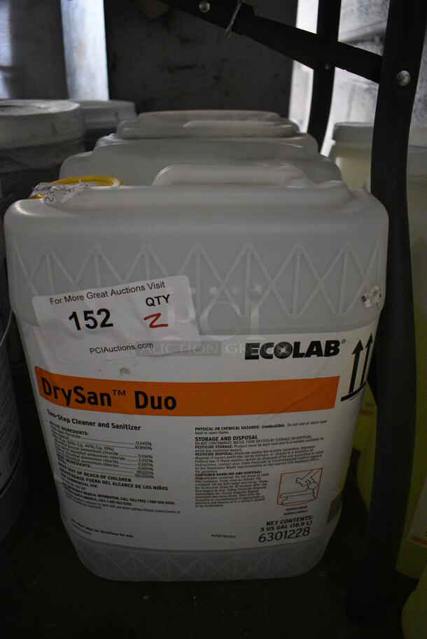 2 Ecolab DrySan Duo Two Step Cleaner and Sanitizer Jugs. 10x10x15. 2 Times Your Bid!