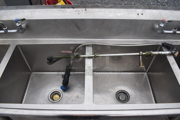 Stainless Steel Commercial 4 Bay Sink w/ Dual Drain Boards, Faucet, 2 Handle Sets and Spray Nozzle Attachment. 114x27x44. Bays 20x18x14, 10x18x14. Drain Boards 16x21x1 - Image 5 of 10