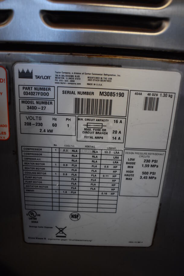 2013 Taylor 340D-27 Stainless Steel Commercial Countertop Single Flavor Frozen Beverage Machine w/ Drink Mixer Attachment. 208-230 Volts, 1 Phase. 18x32x31 - Image 7 of 7