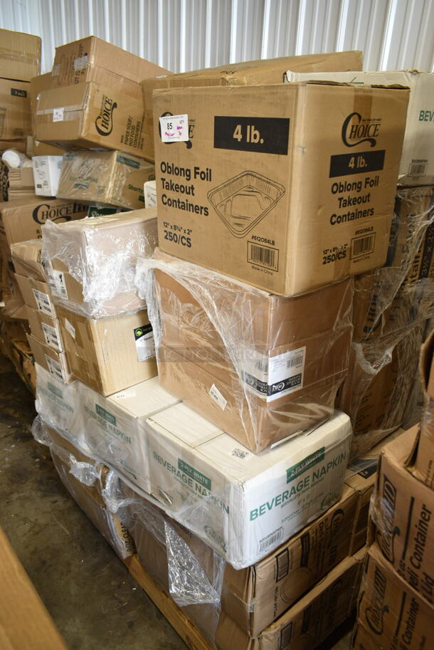 PALLET LOT of 30 BRAND NEW Boxes Including 2 Box 128HDLDBULK ChoiceHD Microwavable Translucent Plastic Deli Container Lid - 480/Case, 5002BNAPWH Choice 2-Ply White Beverage / Cocktail Napkin - 3000/Case, Choice Black Beverage Napkins, 612OB4LB Choice 4 lb. Oblong Foil Take-Out Container - 250/Case, 795PTOKFT1 Choice 4 5/8