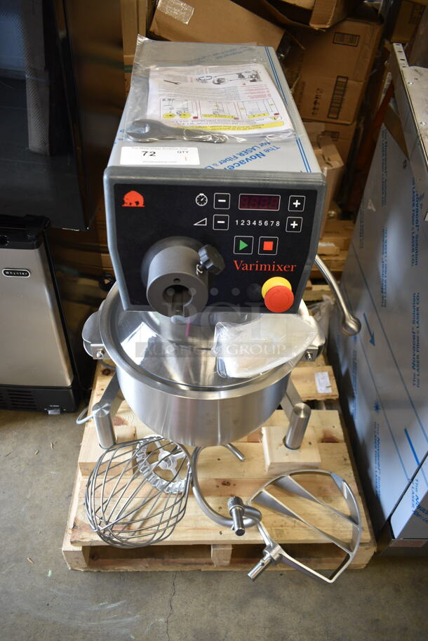BRAND NEW! 2022 Varimixer V20KT Metal Commercial Countertop 20 Quart Planetary Dough Mixer w/ Stainless Steel Mixing Bowl, Dough Hook, Whisk and Paddle Attachments. 120 Volts, 1 Phase. Tested and Working! - Image 2 of 9