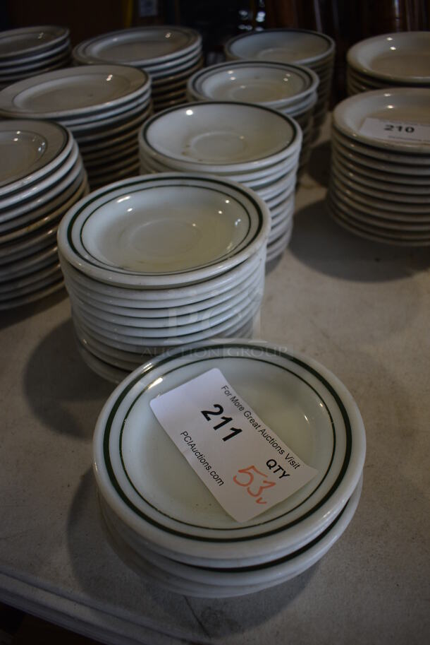 53 White Ceramic Saucers w/ Green Lines on Rim. 6x6x1. 53 Times Your Bid! - Image 1 of 4