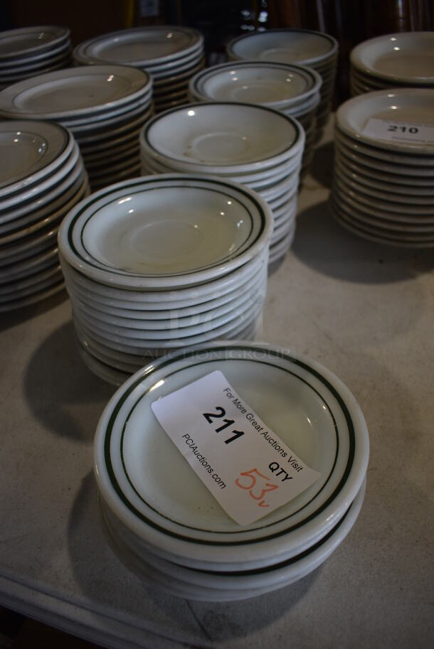 53 White Ceramic Saucers w/ Green Lines on Rim. 6x6x1. 53 Times Your Bid!