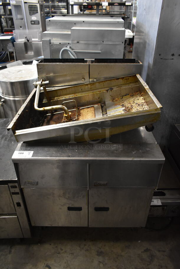 Pitco Frialator SG14 Stainless Steel Commercial Floor Style Natural Gas Powered Double Bay Deep Fat Fryer w/ Filtration System and Grease Trap. 110,000 BTU. - Item #1074753