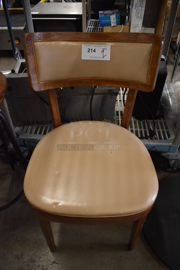2 Wooden Dining Chairs w/ Tan Seat Cushion. 17x17x33. 2 Times Your Bid!