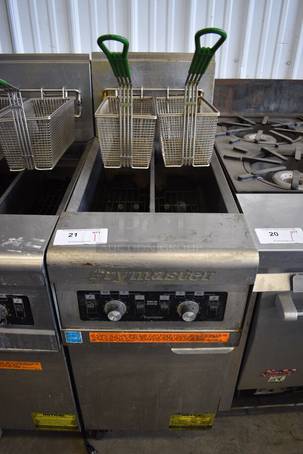 Frymaster Model PH155-2SC ENERGY STAR Stainless Steel Commercial Floor Style Natural Gas Powered Deep Fat Fryer w/ 2 Metal Fry Baskets on Commercial Casters. 40,000 BTU. 15.5x30x46