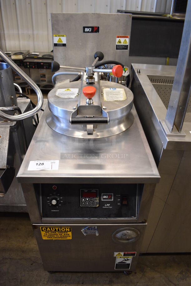 BKI LPF-F Stainless Steel Commercial Floor Style Electric Powered Pressure Fryer on Commercial Casters. 208 Volts, 3 Phase. 18.5x37.5x49