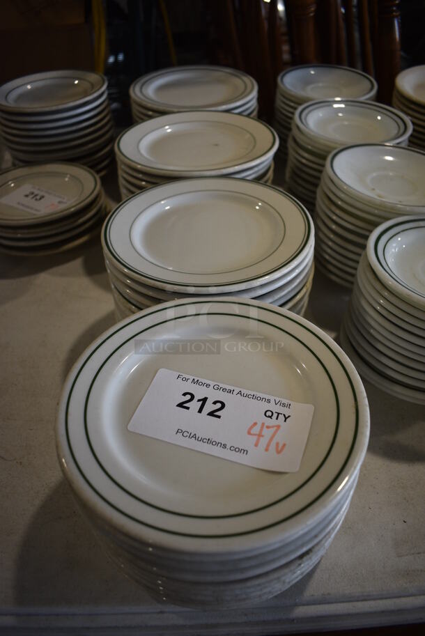 47 White Ceramic Plates w/ Green Lines on Rim. 7.5x7.5x1. 47 Times Your Bid!
